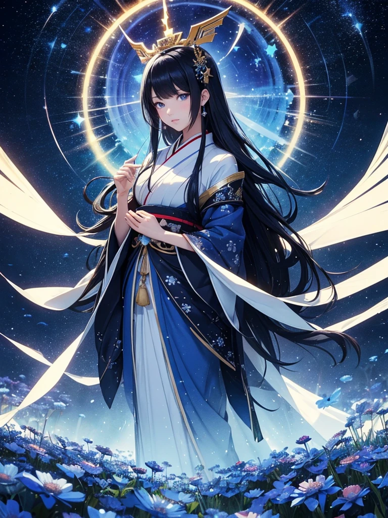 star world, a elegant furisode Lady long black hair standing backstyle on a blue smallFlowers, holding a Japanese SENSE in her hand to summon flying Bright star around her. The background is full of large and small blue flowers, creating an atmosphere of fantasy and dreamy darkblue tones. In the style of a high definition fantasy beautiful ukiyoe, with high resolution. A panoramic view from above, capturing the vastness of nature. Soft lighting creates a warm feeling.