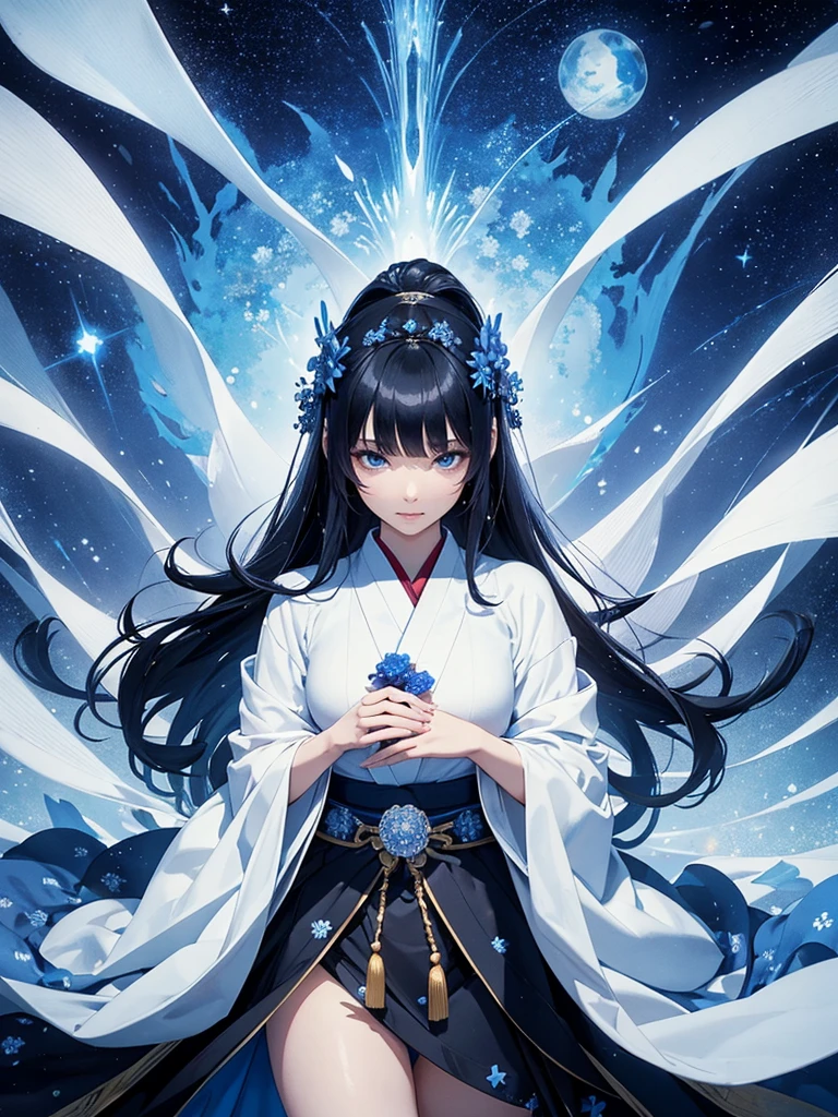 star world, a elegant furisode Lady long black hair standing backstyle on a blue smallFlowers, holding a Japanese SENSE in her hand to summon flying Bright star around her. The background is full of large and small blue flowers, creating an atmosphere of fantasy and dreamy darkblue tones. In the style of a high definition fantasy beautiful ukiyoe, with high resolution. A panoramic view from above, capturing the vastness of nature. Soft lighting creates a warm feeling.