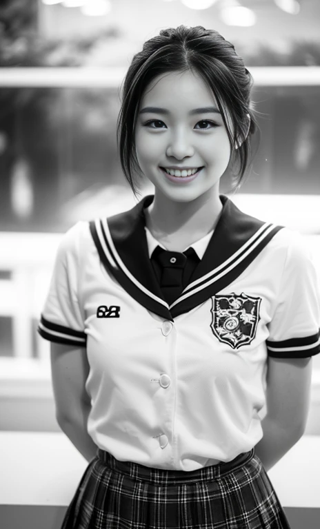 (a youthful eurasian lady, Age 23, at an Aquarium, (((full bodyesbian))), ((Girls' High School Uniforms)), short_bob_hair_ponytail, Dimples, Friendly & Kind smile, snaggle-tooth, realistic skin textures, healthy body proportion, hyper-realism, photorealistic, beautiful detailed eyes, high contrast, ultra HD, top image quality, fine details, very meticulously, masterpiece, the_cowboy_shot, bokeh background, Serene Ambience)