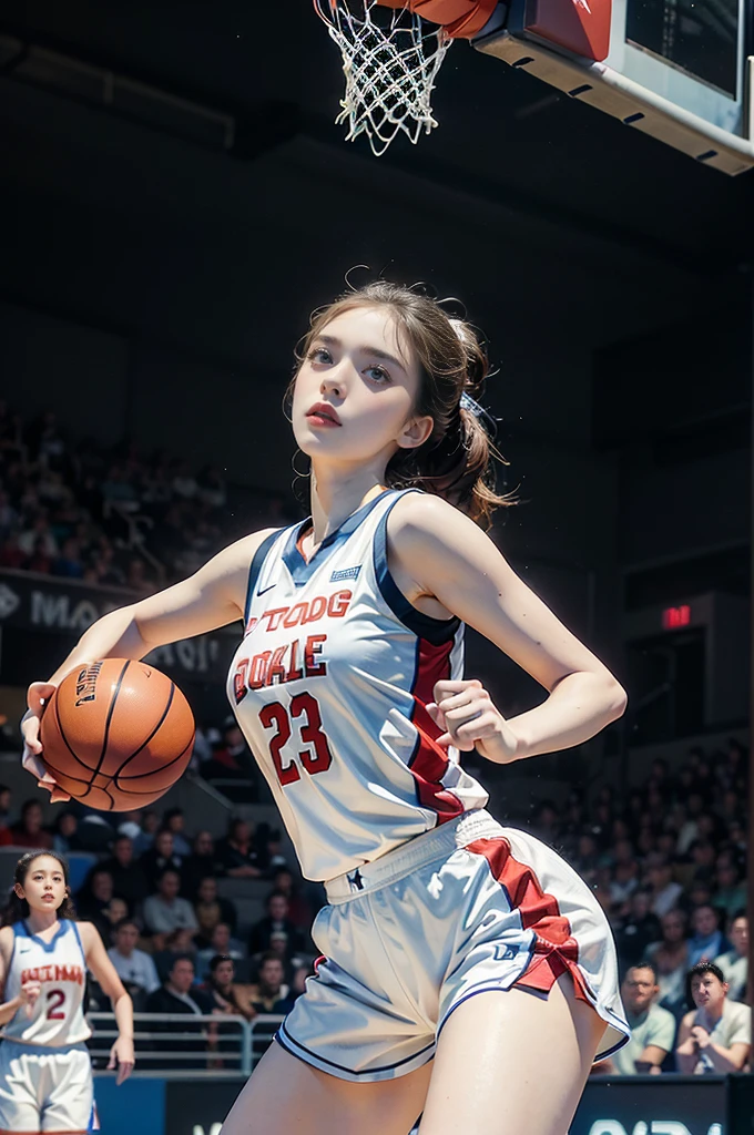 (((best quality))), (((ultra detailed))), (((masterpiece))), illustration, ((1girl,female basketball player,solo)),(slam dunk:1.3),(dunking in the air:1.3), intensity, determined expression, flushed face, perspiration, almond-shaped eyes, mesh jersey, team name and number, form-fitting shorts, athletic build, high-top basketball shoes, indoor basketball gym, well-lit, wooden floor, scoreboard, spectators, stands, action, impact, ball through the hoop, victory, achievement, dedication, skill,(basketball:1.3)