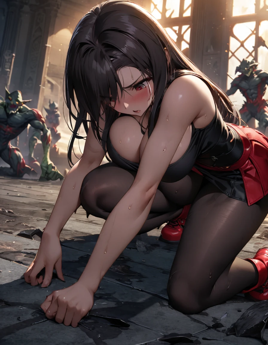 Final Fantasy 7 Tifa Lockhart　　Indoor at night、Wearing black pantyhose　Wearing a mini skirt、Wearing black clothing、Big Breasts、Stylish、Attack causes clothes to tear、Attacked by Goblins、Thin legs、Black long hair、bare hands、Writhing around after taking damage、Wearing red shoes、Kneel on the ground