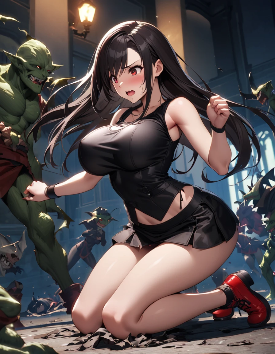 Final Fantasy 7 Tifa Lockhart　　Indoor at night、Wearing black pantyhose　Wearing a mini skirt、Wearing black clothing、Big Breasts、Stylish、Attack causes clothes to tear、Attacked by Goblins、Thin legs、Black long hair、bare hands、Writhing around after taking damage、Wearing red shoes、Kneel on the ground