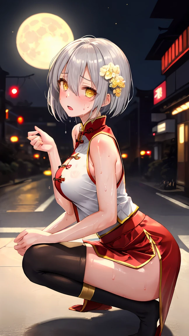 Young girl , short silver bob hair, hair flower, sharp bangs between the eyes, yellow  eyes, eyes large, traditional chinese imperial clothes black with gold details, red skirt, black thigh high socks. lateral view, fully body, crouched on the street of a Japanese city, at night, with full moon in the background, light reflecting on the sexy and sweaty body. (((sweat)))