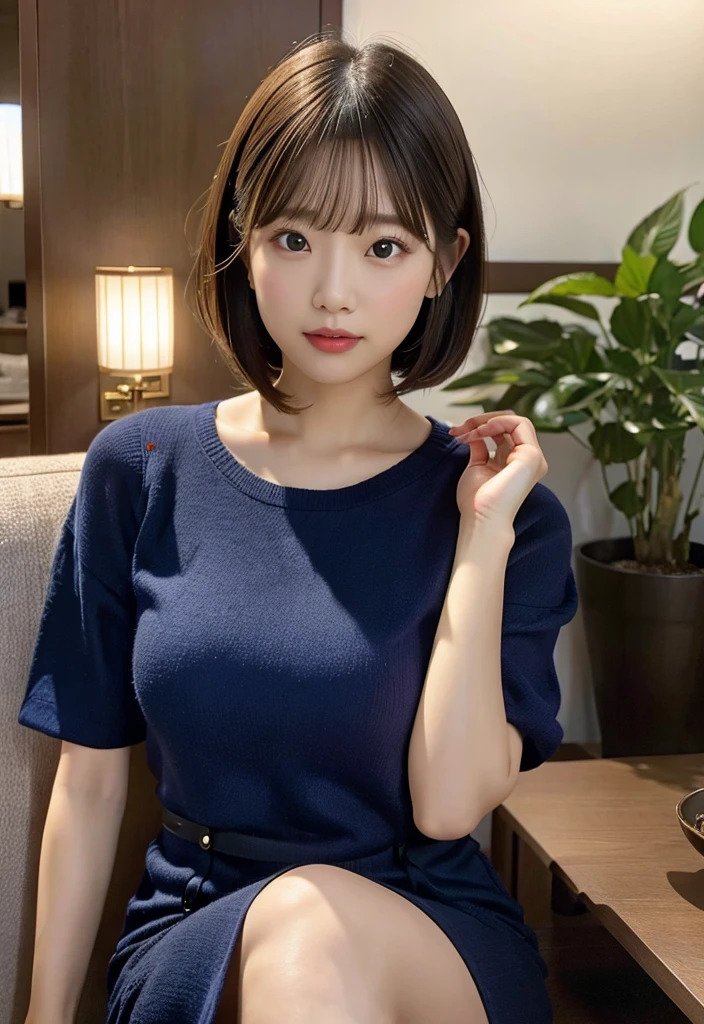 (((Lounge:1.3, indoor, Photographed from the front))), ((Medium Bob:1.3, navy dress, Japanese women, cute)), (clean, Natural Makeup), (Highest quality, masterpiece:1.3, 超High resolution), (Very detailedな, Caustics), (Realistic:1.4, RAW shooting), Very detailed, High resolution, 16K resolution