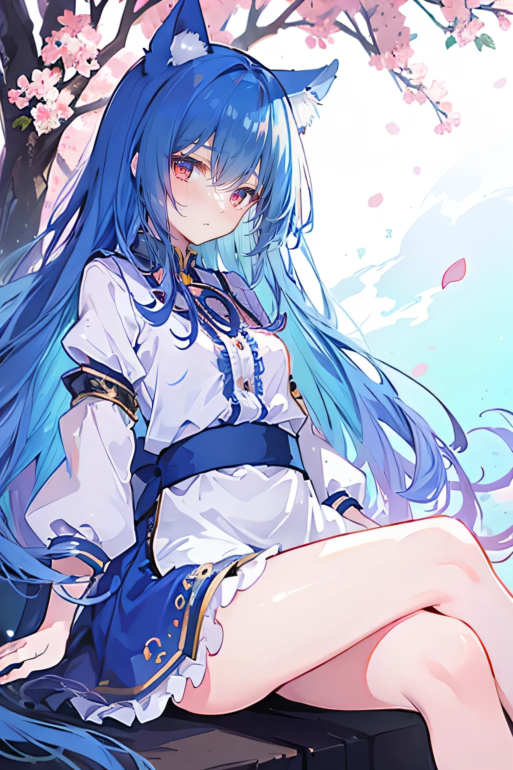 （masterpiece：1.2），Super detailed，lifelike，Expressive eyes，fair skin，perfect face shape，1 girl，
Japanese comics,Gorgeous blue hair,flowing blue hair,flowing clothes,Cat ears,Petals fall,beautiful lola,Baby Angel,
，Cross your legs，Gentle and peaceful background，The pavilion is cool and comfortable, 