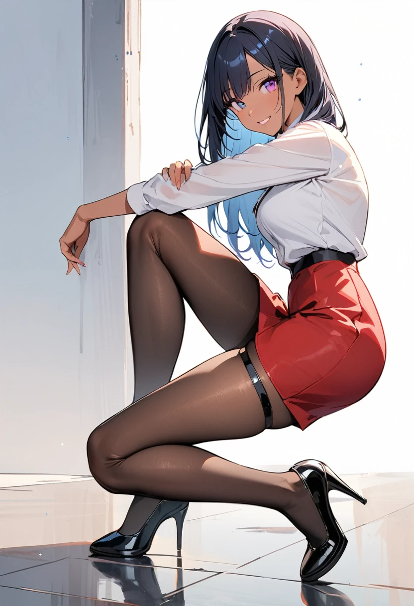 (masterpiece:1.2),Highest quality,Pixiv ,One girl,alone,Long Hair,pantyhose,skirt,View your viewers,High heels,smile,Black footwear,red skirt,White background only,Long sleeve,whole body,high-waist skirt,From the side,One knee,Black Hair,pencil skirt,Thigh straps,Pink Eyes,chest,Jacket,shirt,Straight hair,black Jacket,Blue Hair,Dark Skin, blue eyes,Part your lips,Look to the side、white background only