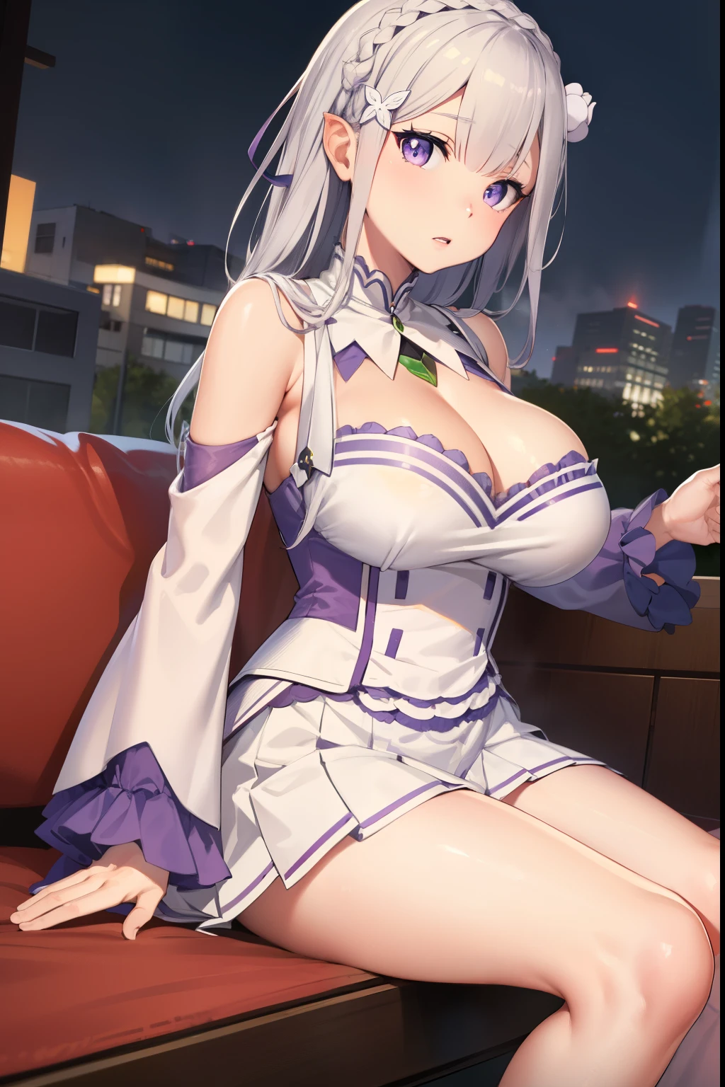 RezeroEmilia, emilia, braid, crown braid, flower, hair flower, hair ornament, hair amar, broad, pointy ears, (purple eyes:1.2), for white, x hair ornament,
BREAK detached neck, separate sleeves, mangas con steering wheels, steering wheels, long sleeves, miniSkirt, pleated Skirt, amar, Skirt, Thighs, white Skirt, white sleeves, white Thighs, broad sleeves, The big step,
REST outdoors, City,
REST looking at the viewer, BREAK (Masterpiece:1.2), Best Quality, high resolution, unity wallpaper 8k, (illustration:0.8), (Beautiful detailed eyes:1.6), extremely detailed face, perfect lighting, Extremely detailed CG, (perfect hands, perfect anatomy), big breasts, deep neckline, big breasts, deep neckline, NSFW