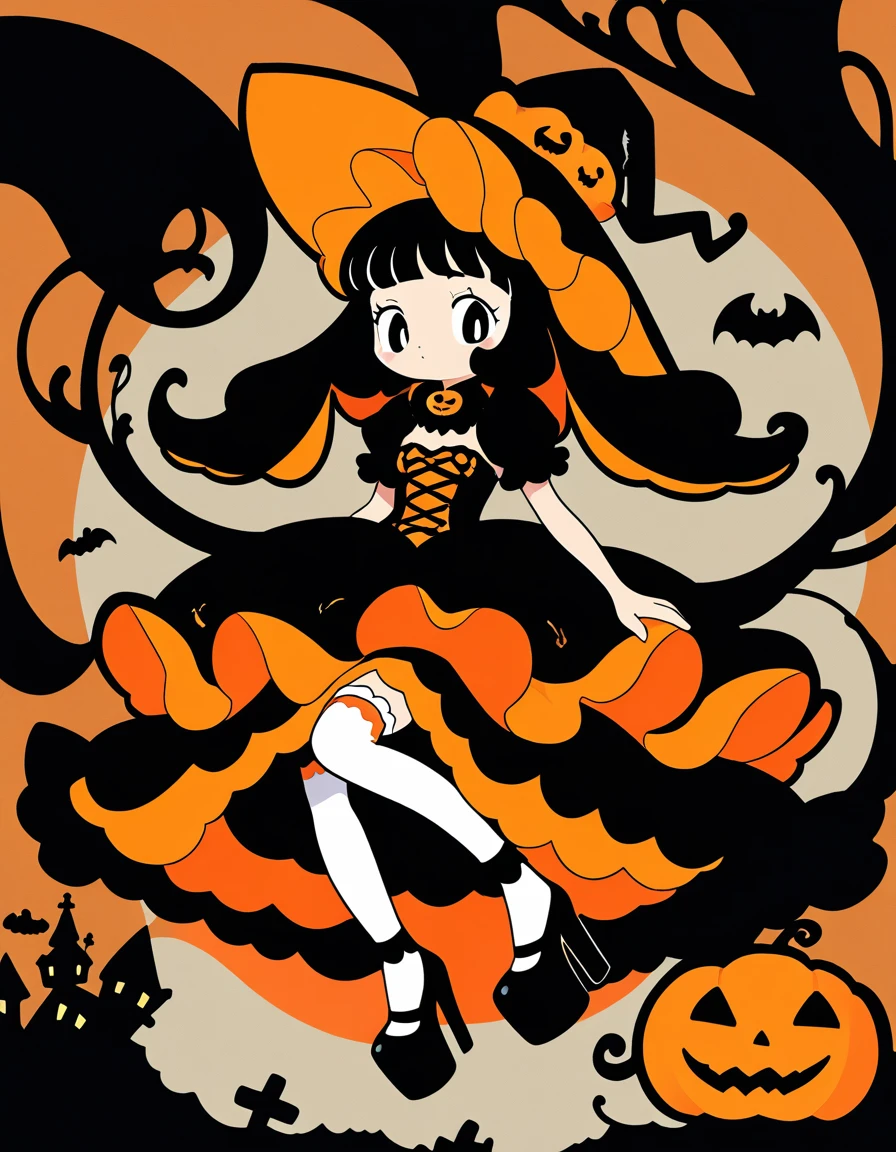 
In the style of anime art, cute girl in Halloween costume, bright orange and dark black, white thigh-high socks, platform heels, orange and black, gothic style dress, vintage rococo style dress, , small bust, witch