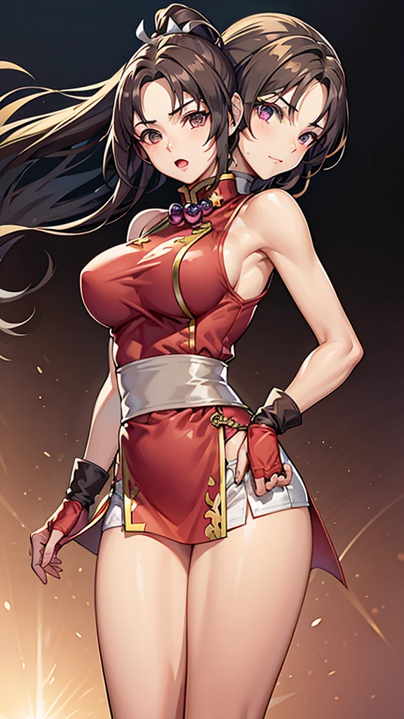 (masterpiece, best quality), best resolution, 16k, BREAK close-up, BREAK, (2heads:1.5), (cheek-to-cheek), 1girl, solo, BREAK asamiya_chinese_dress_ownwaifu,purple hair,short hair,purple eyes,gloves,hairband ,fingerless gloves,breasts,dress,hair ornament,star (symbol),chinese clothes,red hairband,star hair ornament,bare shoulders,china dress,bangs,shorts,ribbon,red gloves,jewelry,hair ribbon, BREAK shiranui mai, brown eyes, long hair, brown hair, white ribbon, sleeveless, ponytail, sash, pelvic curtain, arm guards, gloves, tabi, BREAK ((eyes up looking sideways:1.3)), BREAK surprised, frustrating, open mouth, BREAK simple background
