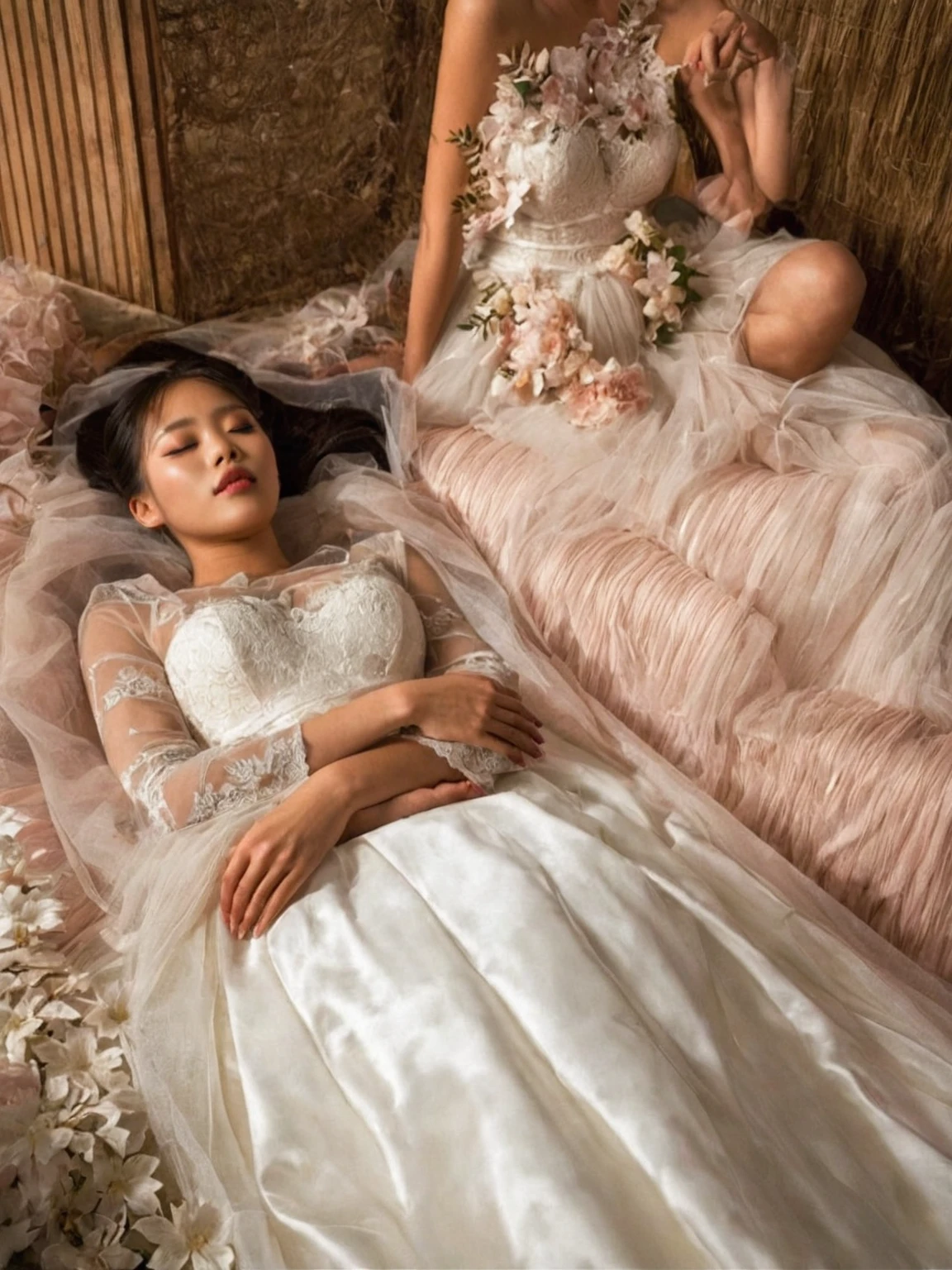A provocative and sensual image unfolds before us. Two Korean girls, 22 years old, lie asleep in a deep, black coffin surrounded by plush pillows. They wear see-through wedding dresses with lace details, off-shoulder designs, sleeve, and huge skirts that cascade around their bodies. The dresses are cut low to showcase their beautiful breasts, fixed with a subtle cleavage cutout. Their faces are flawless, with perfect eyebrows, eyelashes, and skin tone. One girl's hair is styled in a ponytail with bangs framing her face, while the other has a bun adorned with wisps of hair framing her closed eyes. The overall atmosphere is one of intimacy and sensuality, with saturated colors enhancing the mood. Note the visible breasts and perfectly manicured hands that peek out from beneath the skirts, which are strategically covered to conceal their legs, ba11g0wn 