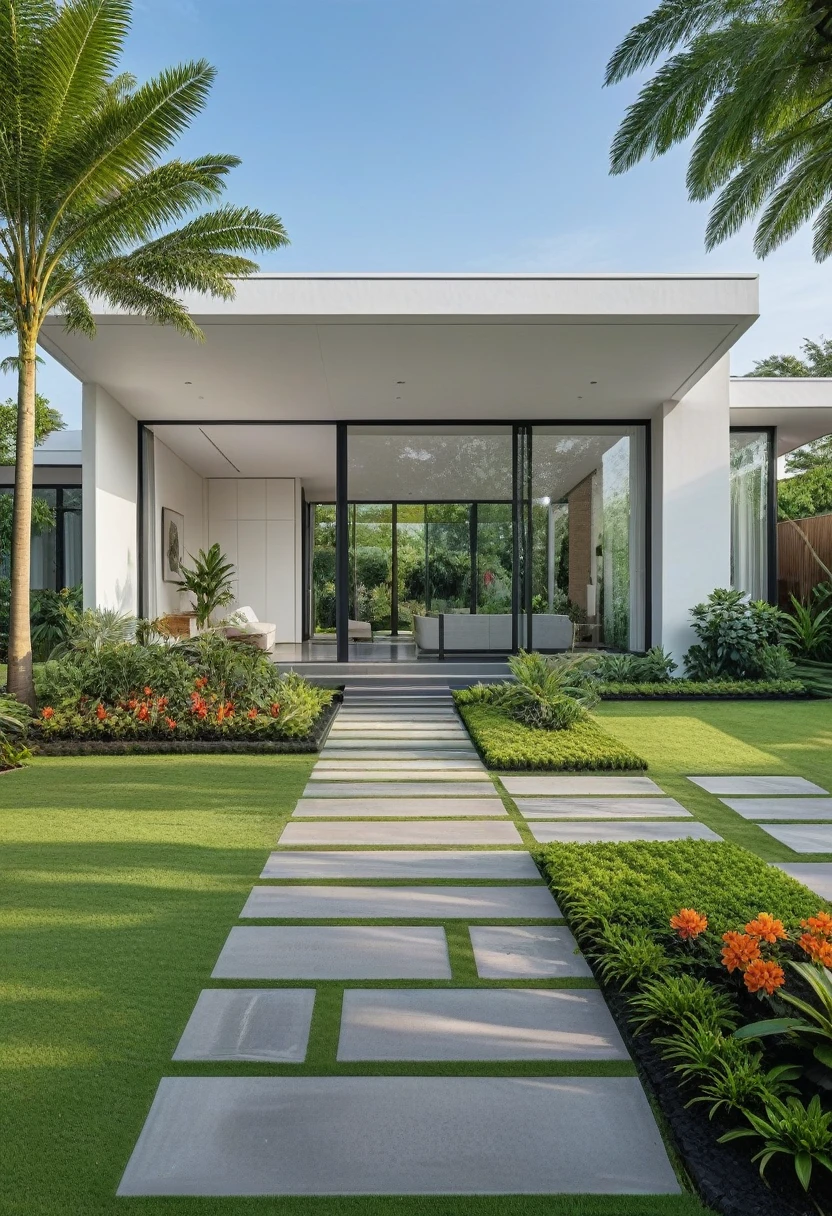 A hyper-realistic image of a modern one-story house with a minimalist design, featuring a combination of white and glass materials. The house has a flat roof, large floor-to-ceiling glass windows, and a spacious front yard. The entrance is flanked by lush greenery and well-maintained garden paths with concrete pavers and grass. The garden includes various tropical plants and trees. 
