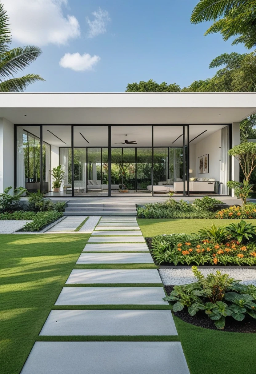 A hyper-realistic image of a modern one-story house with a minimalist design, featuring a combination of white and glass materials. The house has a flat roof, large floor-to-ceiling glass windows, and a spacious front yard. The entrance is flanked by lush greenery and well-maintained garden paths with concrete pavers and grass. The garden includes various tropical plants and trees. 
