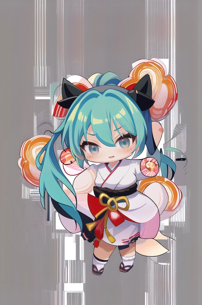 masterpiece, best quality, highly detailed, nozochibi, 1girl, (chibi:1.4), hatsune miku, simple background, full body, 1 girl, fox girl, sumo wrestling, standing, fat tummy, sharp eyes, Japanese cloths, more prism, vibrant color, Hatsune Miku,