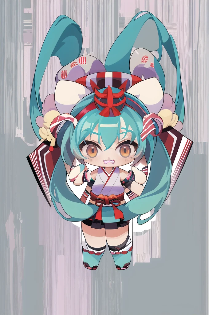 masterpiece, best quality, highly detailed, nozochibi, 1girl, (chibi:1.4), hatsune miku, simple background, full body, 1 girl, fox girl, sumo wrestling, standing, fat tummy, sharp eyes, Japanese cloths, more prism, vibrant color, Hatsune Miku,