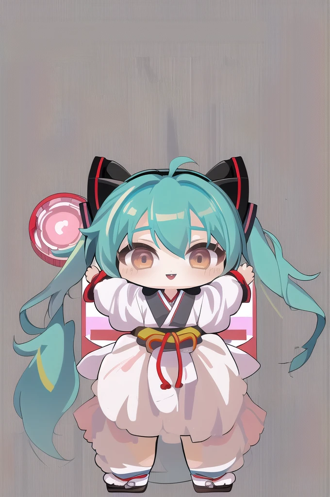 masterpiece, best quality, highly detailed, nozochibi, 1girl, (chibi:1.4), hatsune miku, simple background, full body, 1 girl, fox girl, sumo wrestling, standing, fat tummy, sharp eyes, Japanese cloths, more prism, vibrant color, Hatsune Miku,