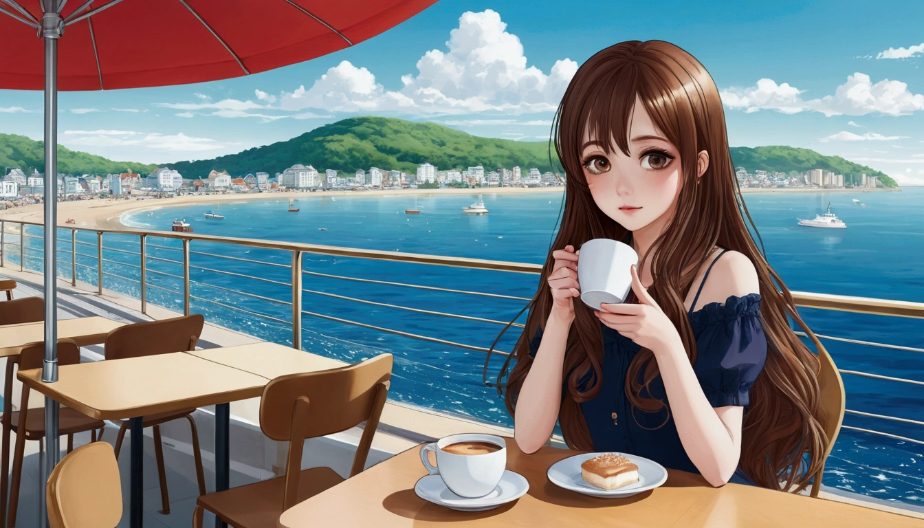 Feminized Maple Manyo, Illustration Style, beautiful,Relaxing with a cup of coffee at a seaside cafe, One person, Long Hair Girl, Big eyes、City pop fashion、The sea spreads out before your eyes, City pop fashion, Anime Style