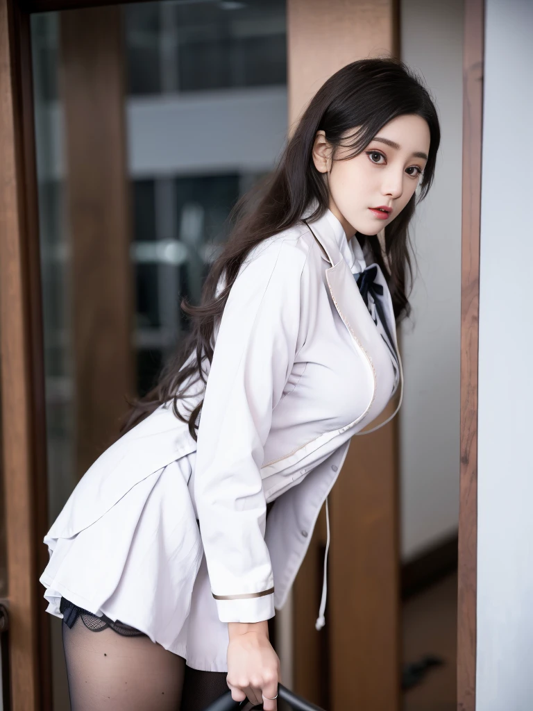 Layered clothing,((There is half a white lab coat outside)),(Sailors collar school uniforms),shirt, Pleated Skirt,(Black pantyhose),[:(Delicate face:1.2):0.2], RAW photos, (masterpiece), (best quality), high resolution, (Practical, photo-Practical:1.2), Extremely detailed, Physically Based Rendering, 1 Girl, Air bangs, Long hair, (Silver hair), curls,