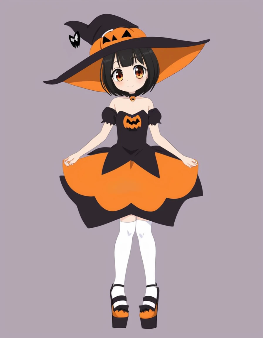 In the style of anime art, cute girl in Halloween costume, bright orange and dark black, white thigh-high socks, platform heels, orange and black, gothic style dress, vintage rococo style dress, , small bust, witch