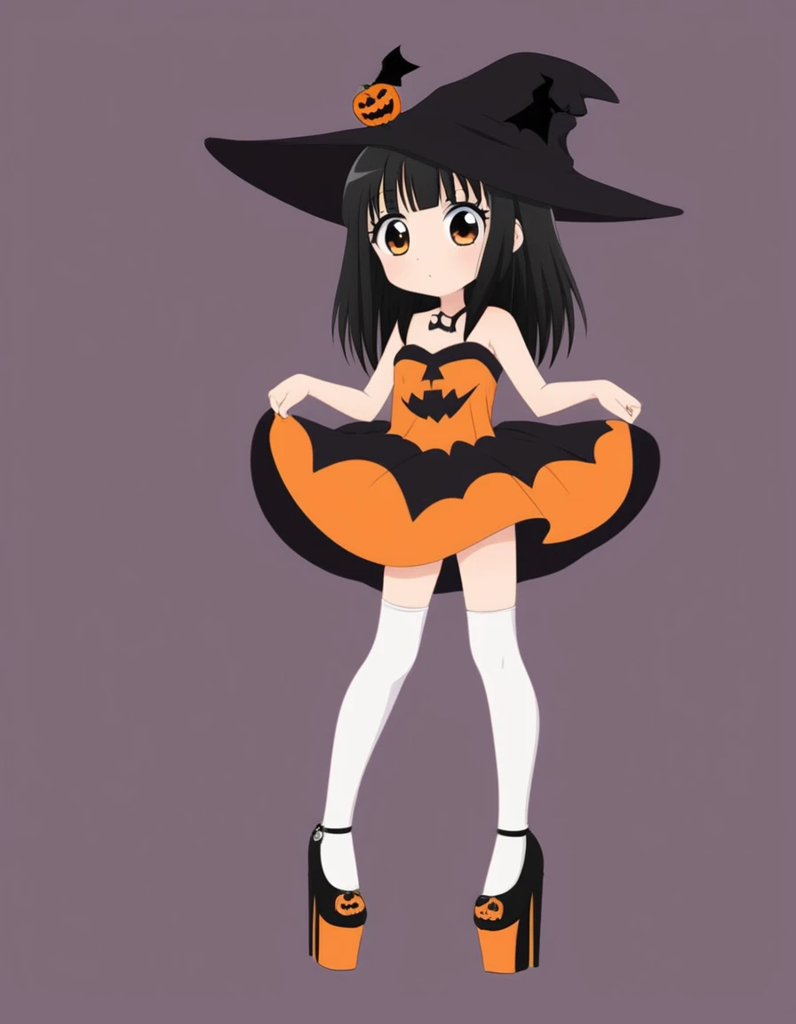 In the style of anime art, cute girl in Halloween costume, bright orange and dark black, white thigh-high socks, platform heels, orange and black, gothic style dress, vintage rococo style dress, , small bust, witch