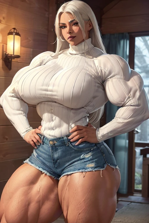 (((((Massive beautiful, buff, light brown skinned muscular woman white hair, black lipstick, ginormous bulky muscles, hands on hips and wearing a white long sleeved turtleneck sweater and beautiful denim shorts))))), (close view), massive muscles, massive biceps, hyper muscle shoulders, vascular shoulders, hyper muscle triceps, (long straight hair), blue eyes, ((white long sleeved turtleneck sweater)), ((beautiful denim shorts)), (socks and sneakers), sensual smile, (in a cabin at night), hyper muscles arms, hyper muscle legs, massive arms