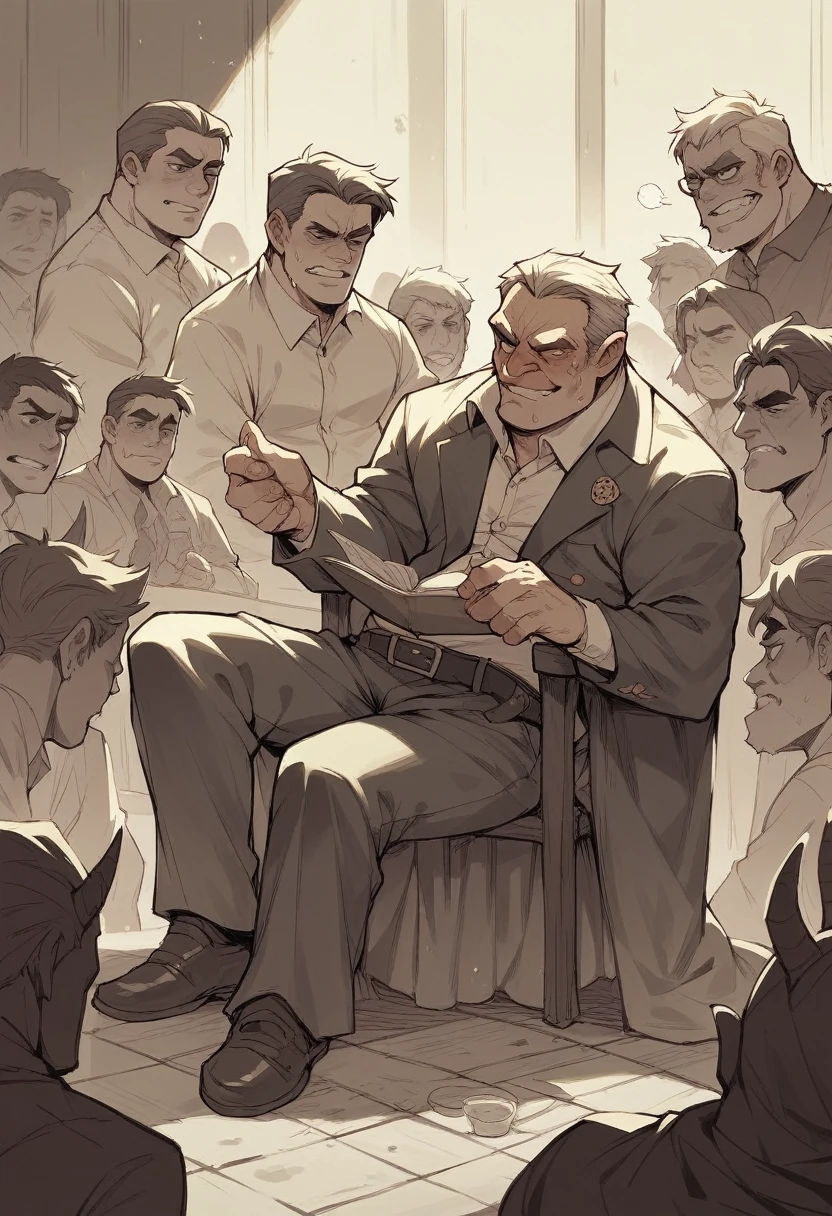 The madman is sitting on a chair with several famous people standing around him