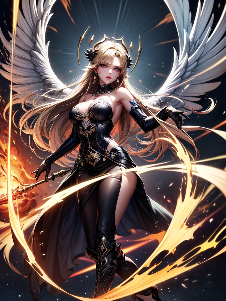 In the middle of the burning battlefield filled with broken swords and dead sodiers stand beatiful female fallen angel with black wings , she have beautiful face her eyes is golden yellow she have dark red lipstick and black eyeshadows she have piersing ring on her lip and cross shaped earrings on her ears her hair golden blond with black highlights with a blood red halo above her head, she dressed in sexy black leather armor with long skirt and black highheels boots with betal parts she have mystic symbols tattoo on her shouders, in her hand she holding long spear, (ultra high quality fantasy art, ghothic dark fantasy style, masterpiece, ultra high quality character design, 8k quality anime art, realistic anime art, top quality wallpaper illustration, detailed ultra high quality accurate face, high quality design and accurate physic)