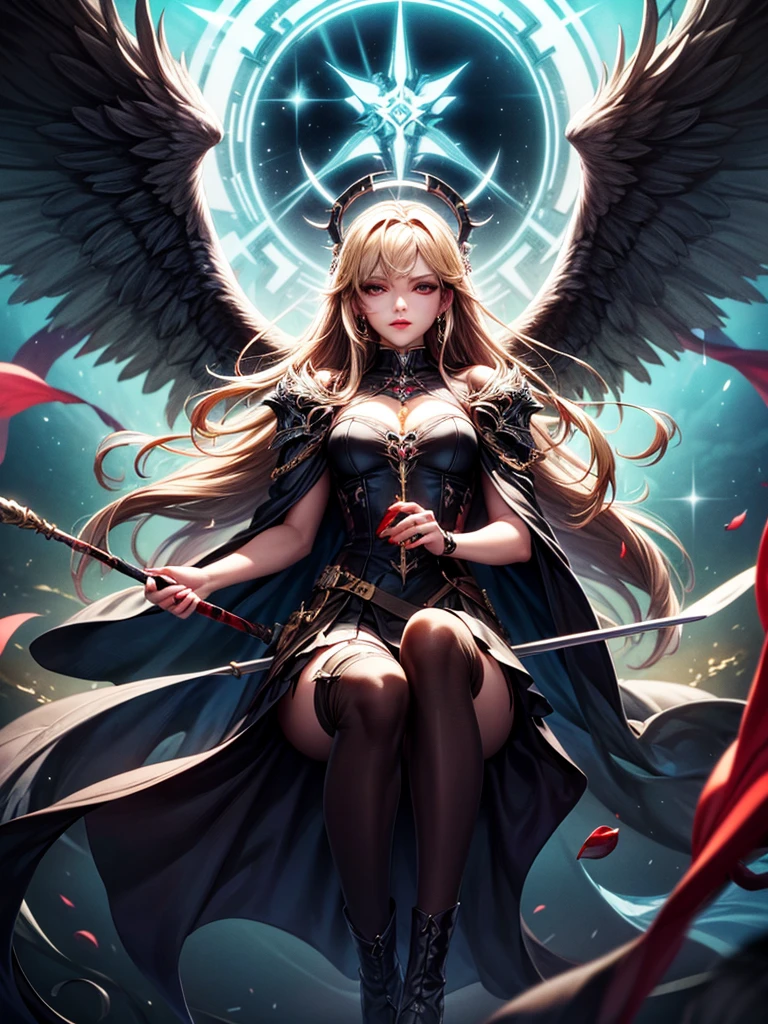 In the middle of the burning battlefield filled with broken swords and dead sodiers stand beatiful female fallen angel with black wings , she have beautiful face her eyes is golden yellow she have dark red lipstick and black eyeshadows she have piersing ring on her lip and cross shaped earrings on her ears her hair golden blond with black highlights with a blood red halo above her head, she dressed in sexy black leather armor with long skirt and black highheels boots with betal parts she have mystic symbols tattoo on her shouders, in her hand she holding long spear, (ultra high quality fantasy art, ghothic dark fantasy style, masterpiece, ultra high quality character design, 8k quality anime art, realistic anime art, top quality wallpaper illustration, detailed ultra high quality accurate face, high quality design and accurate physic)
