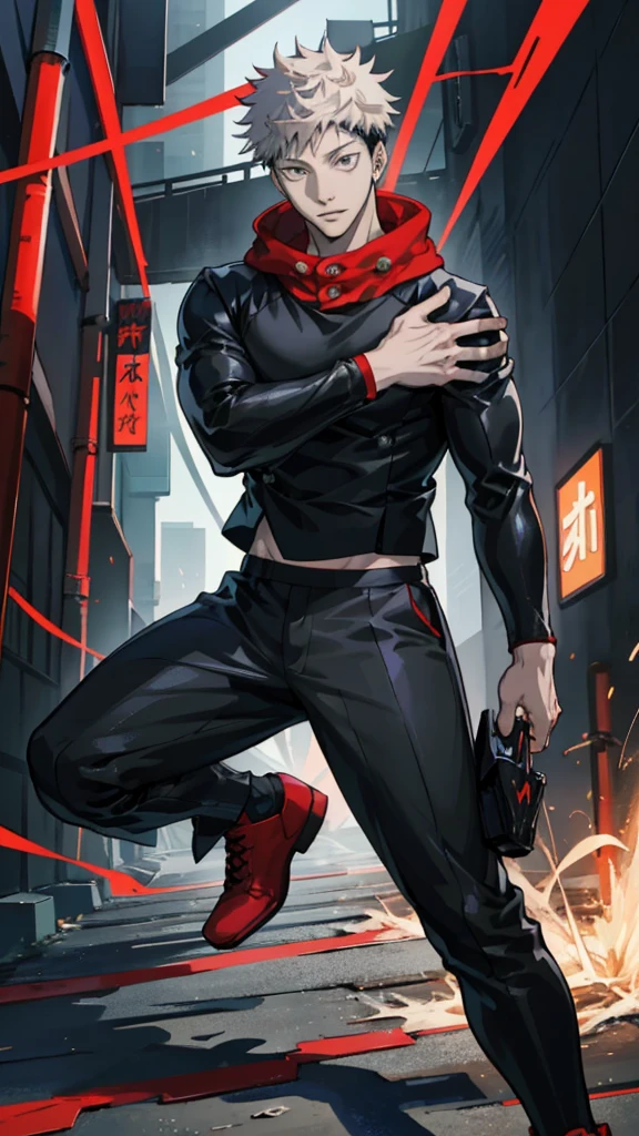 A handsome, dashing young man in the manga series "Jujutsu Kaisen" named, Ita Doti Yuji with his characteristic clothes, black hoodie, and red shoes, with HD, 4K anime photo resolution quality. with a backdrop of sparkling light, body-saving fantasy, as well as dynamic effects, an urban, cyberpunk, atmosphere.