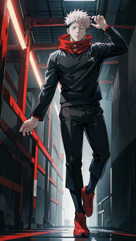 A handsome, dashing young man in the manga series "Jujutsu Kaisen" named, Ita Doti Yuji with his characteristic clothes, black hoodie, and red shoes, with HD, 4K anime photo resolution quality. with a backdrop of sparkling light, body-saving fantasy, as well as dynamic effects, an urban, cyberpunk, atmosphere.