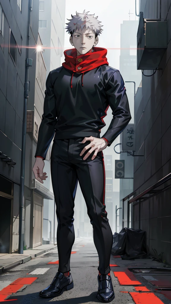 A handsome, dashing young man in the manga series "Jujutsu Kaisen" named, Ita Doti Yuji with his characteristic clothes, black hoodie, and red shoes, with HD, 4K anime photo resolution quality. with a backdrop of sparkling light, body-saving fantasy, as well as dynamic effects, an urban, cyberpunk, atmosphere.