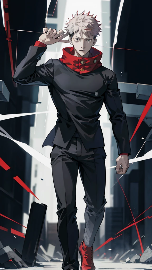 A handsome, dashing young man in the manga series "Jujutsu Kaisen" named, Ita Doti Yuji with his characteristic clothes, black hoodie, and red shoes, with HD, 4K anime photo resolution quality. with a backdrop of sparkling light, body-saving fantasy, as well as dynamic effects, an urban, cyberpunk, atmosphere.