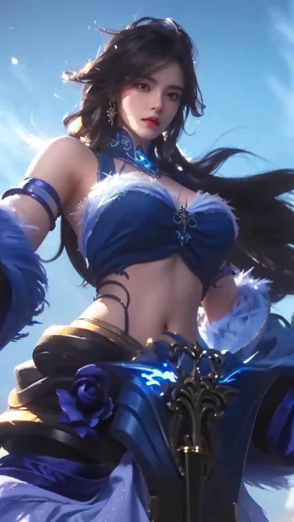 a close up of a woman in a beautiful blue dress, holding a glowing magical sword, intricate detailed face, piercing eyes, lush flowing hair, detailed ornate jewelry, dramatic lighting, fantasy, digital painting, highly detailed, cinematic, masterpiece, 8k, photorealistic
