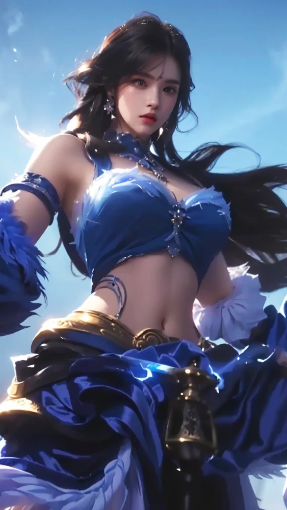 a close up of a woman in a beautiful blue dress, holding a glowing magical sword, intricate detailed face, piercing eyes, lush flowing hair, detailed ornate jewelry, dramatic lighting, fantasy, digital painting, highly detailed, cinematic, masterpiece, 8k, photorealistic