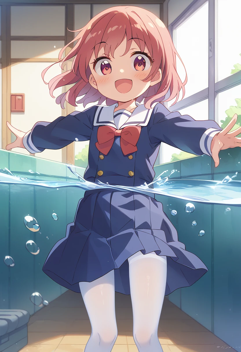 score_9, score_8_up, score_7_up, source_アニメ, masterpiece, 1girl, work, school uniform, blue dress, sailor dress, pinafore dress, white sailor collar,white shirt, red bowtie, long sleeves, flat chest, white pantyhose, loafers, White socks、cowboy shot, looking at viewer, indoors, open mouth, shiny hair, smile, Open your mouth, cuteポーズ, (Completely flooded)、Immersed in water、Transparent pool, Water Play, Primary school students、Skirt fully open、Long wide skirt、cute、blush、Watery eye、Lots of water、Wet、((The skirt spreads over the water surface.))、(Drowning)、