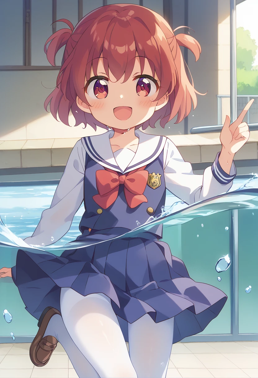 score_9, score_8_up, score_7_up, source_アニメ, masterpiece, 1girl, work, school uniform, blue dress, sailor dress, pinafore dress, white sailor collar,white shirt, red bowtie, long sleeves, flat chest, white pantyhose, loafers, White socks、cowboy shot, looking at viewer, indoors, open mouth, shiny hair, smile, Open your mouth, cuteポーズ, (Completely flooded)、Immersed in water、Transparent pool, Water Play, Primary school students、Skirt fully open、Long wide skirt、cute、blush、Watery eye、Lots of water、Wet、((The skirt spreads over the water surface.))、(Drowning)、