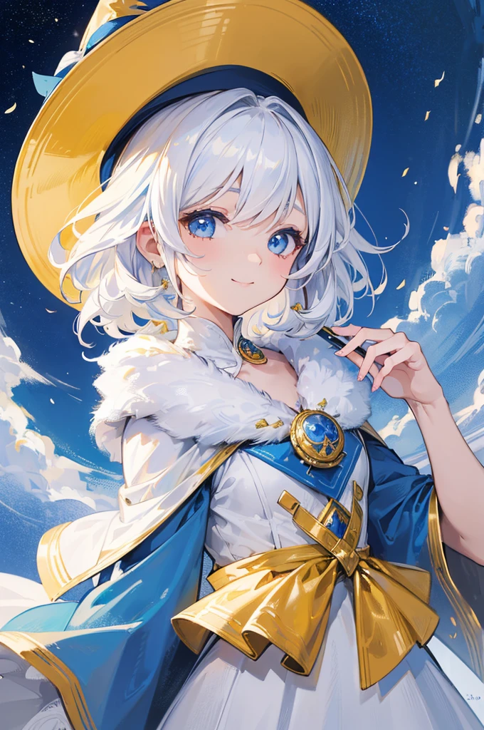 (Highest quality) (4K) (8K) (High resolution) (masterpiece:1.2) (Super detailed) One girl short hair witch The right eye is blue and the left eye is yellow Long sleeve Golden decoration (White Background) Hair between the eyes Closed Mouth White Dress Blue fur Wavy Hair Upper Body White Hair Blue hat smile