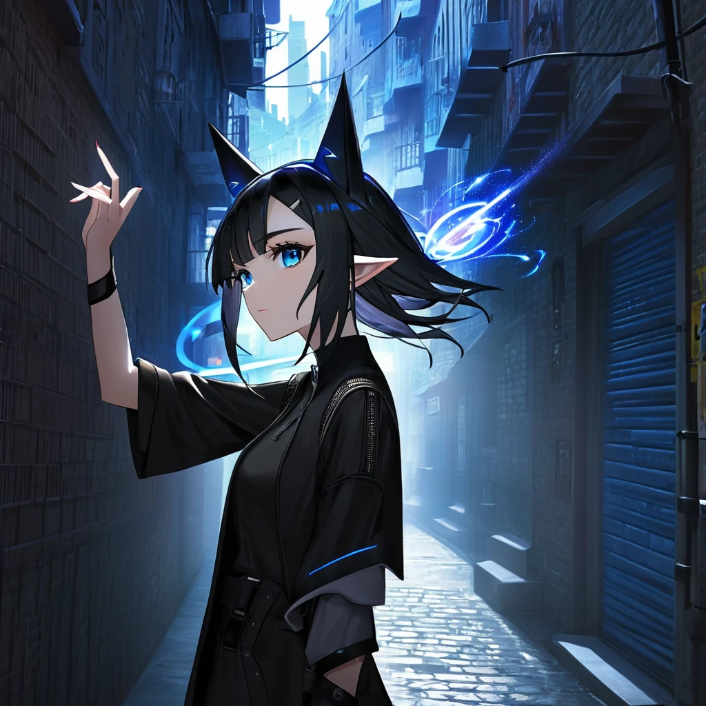 Action shot of an adult female elf casting a spell, cyberpunk fashion, black hair, blue eyes, pointed ears, blue lighting, cyberpunk city alley background