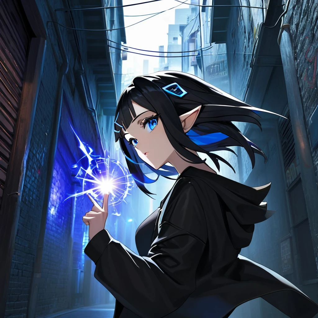 Action shot of an adult female elf casting a spell, cyberpunk fashion, black hair, blue eyes, pointed ears, blue lighting, cyberpunk city alley background