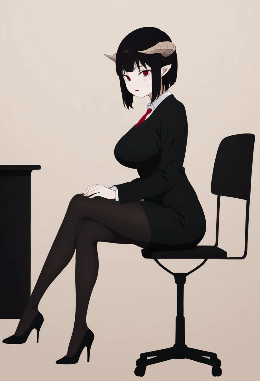 side profile,work of art, best qualityer, ultra detali, illustration, colorfully, flat colour, Depth of field, 1 girl, sitting down, Bblack hair, horns on head, Eyes red, , gazing at viewer, in the office, black business dress, pantyhose, black pantyhose, Detailed texture skin, detailed cloth texture, beautifull detailed face,Grinning,face red,blushed,legs crossed,big breasts,black highheels,side body,side profile,hall,desk,low lighting,ombre
