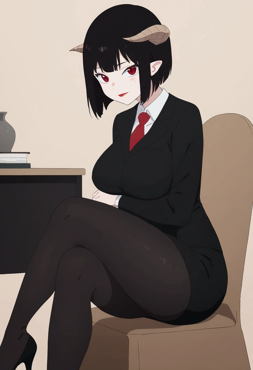side profile,work of art, best qualityer, ultra detali, illustration, colorfully, flat colour, Depth of field, 1 girl, sitting down, Bblack hair, horns on head, Eyes red, , gazing at viewer, in the office, black business dress, pantyhose, black pantyhose, Detailed texture skin, detailed cloth texture, beautifull detailed face,Grinning,face red,blushed,legs crossed,big breasts,black highheels,side body,side profile,hall,desk,low lighting,ombre