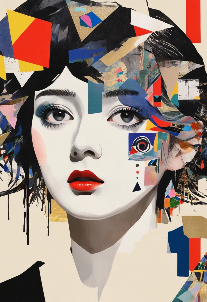 有一张女人脸的Collage画，There are many different things on the face，Geometric Dislocation，Collage，Artistic sense，Painting，paint，Simple，