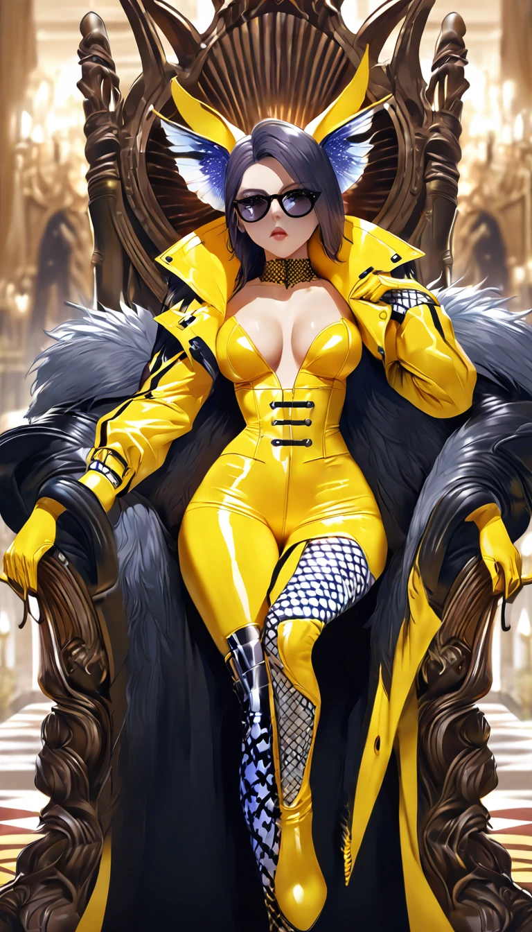 ((Super realistic details)) Shadow、octan render、8K、ultrasharp、Steampunk Body、Details of complex ornaments、cold color、Gothloli details、highly intricate detail、Realistic light、CGSoation Trends, radiant eyes featuring a stylish and confident evil dominatrix queen, she has an arrogant look .modern fashion. dressed in bold and fashionable all yellow rubber outfits, showcasing a unique combination of elegance and strength. attire includes sleek, form-fitting dressed and bodysuit made of shiny materials, paired with oversize long latex coat that have (((dramatic high collar of coat))), (((high collar of coat))) (((very high and wide collar of coat))), (((collarbone))) and intricate patterns. The colors and designs vary, featuring a long coat with patterned latex coat. outfit is accentuated with latex boots and latex gloves, sunglasses, emphasizing her commanding and poised presence. Highlight her modern, daring fashion sense and her ability to dominate any space with her fashionable and assertive demeanor, sexy pose Sit with your legs apart, Leg spread, on (( throne in palace)), nudity. Surrounded by sex slaves