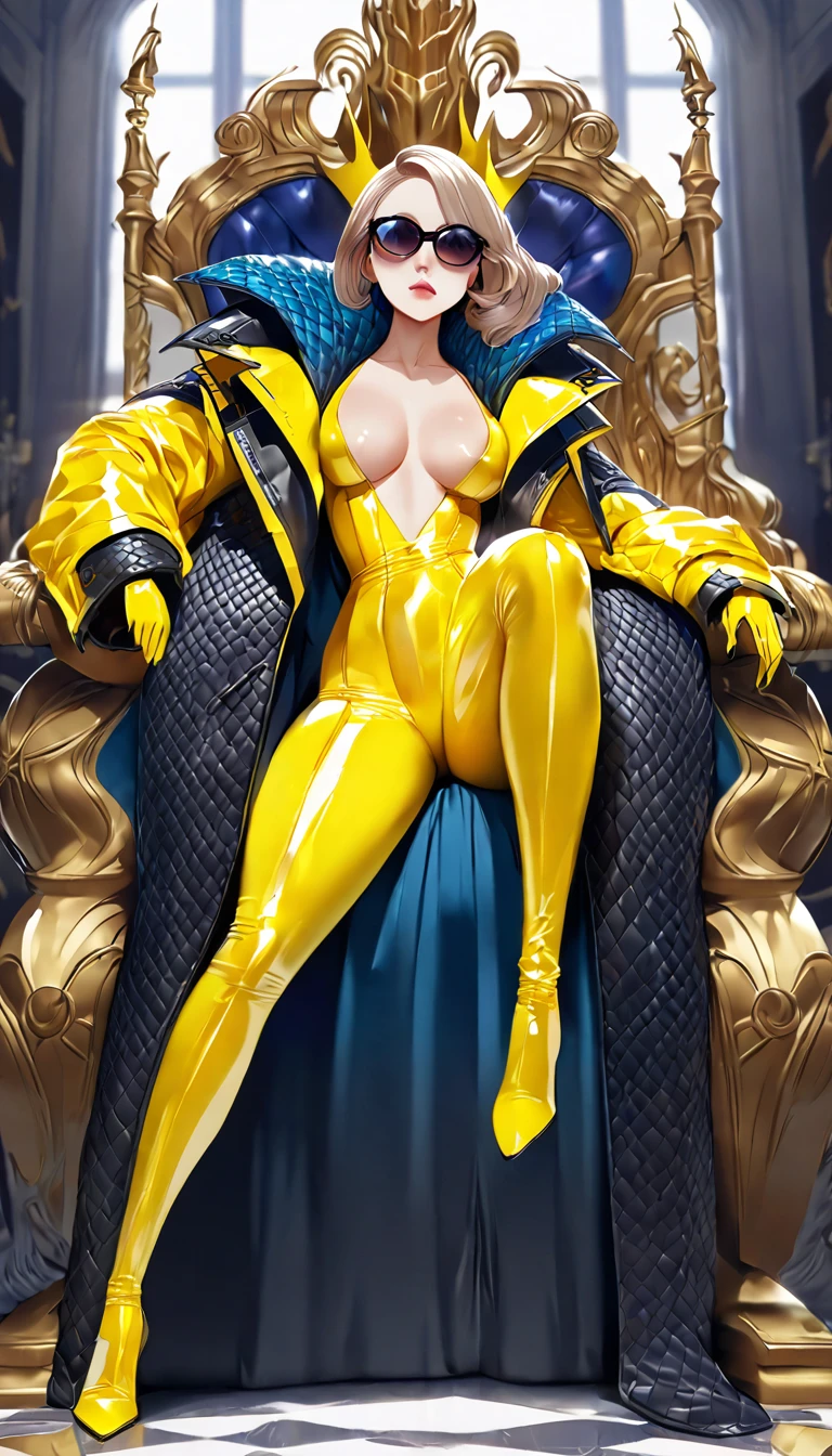 Lancer Artoria, elegant adult female, blonde, green eyes, (yellow eyelashes), crown, turtleneck, cleavage cutout, sleeveless, blue leotard, elbow gloves, gauntlets, blue thigh, elegantly (sit on throne), throne room, close-up protrait, high resolution, extremely detail 8k cg, yellow bikini (yellow tiger stripes)