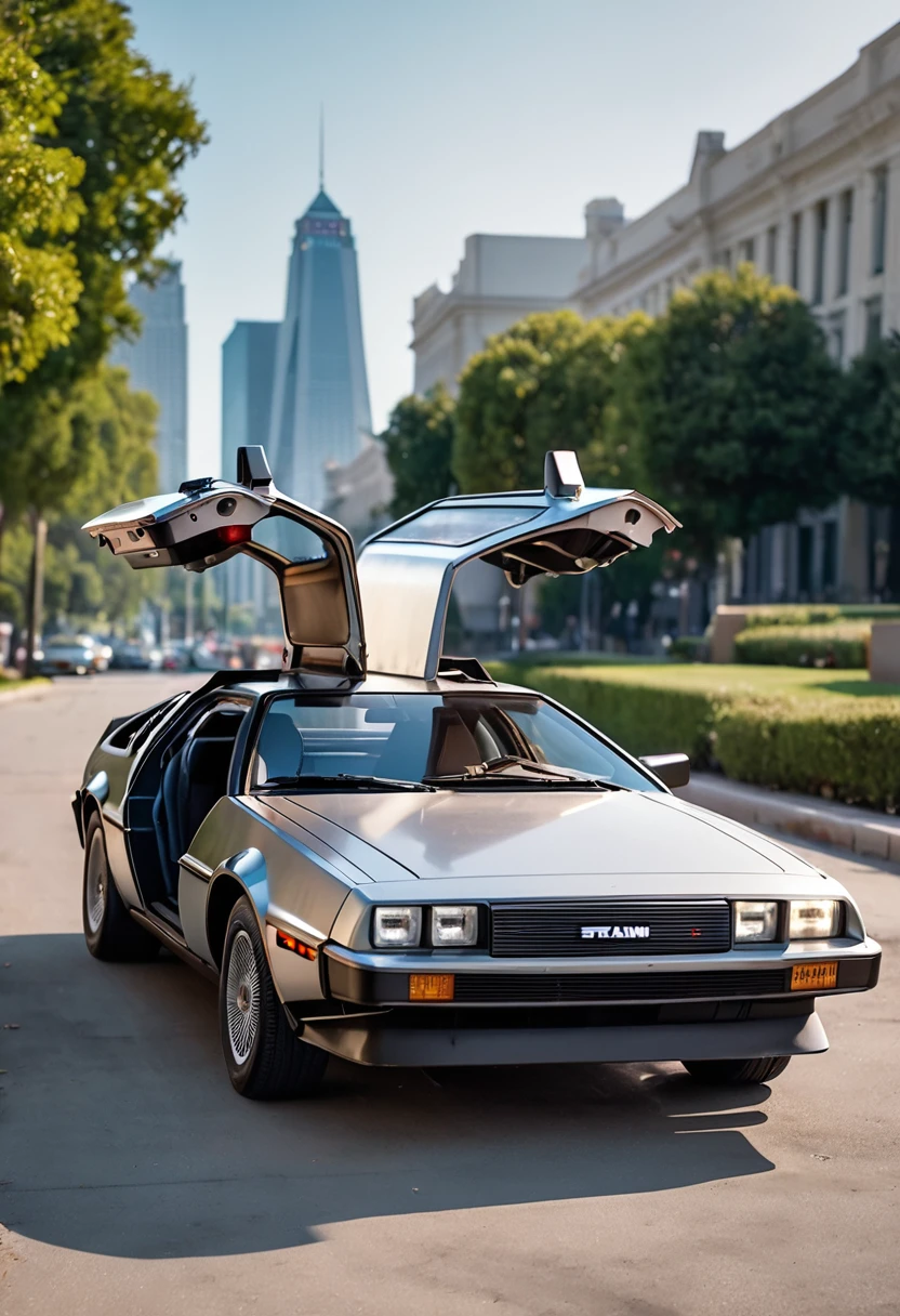 8K,RAW Photos,Highest quality,masterpiece,reality,Very detailed,bfdlrn,back to the future part1 poster,timemachine,delorian,very fine details,Shiny body,Very fine LED particles,A body covered in light particles,Concentrated line,radiation,dazzling,Very beautiful woman,A realistic looking woman,Long Hair,slim,Long legs,Marty McFly's jacket,hot pants,Nike shoes,movie,