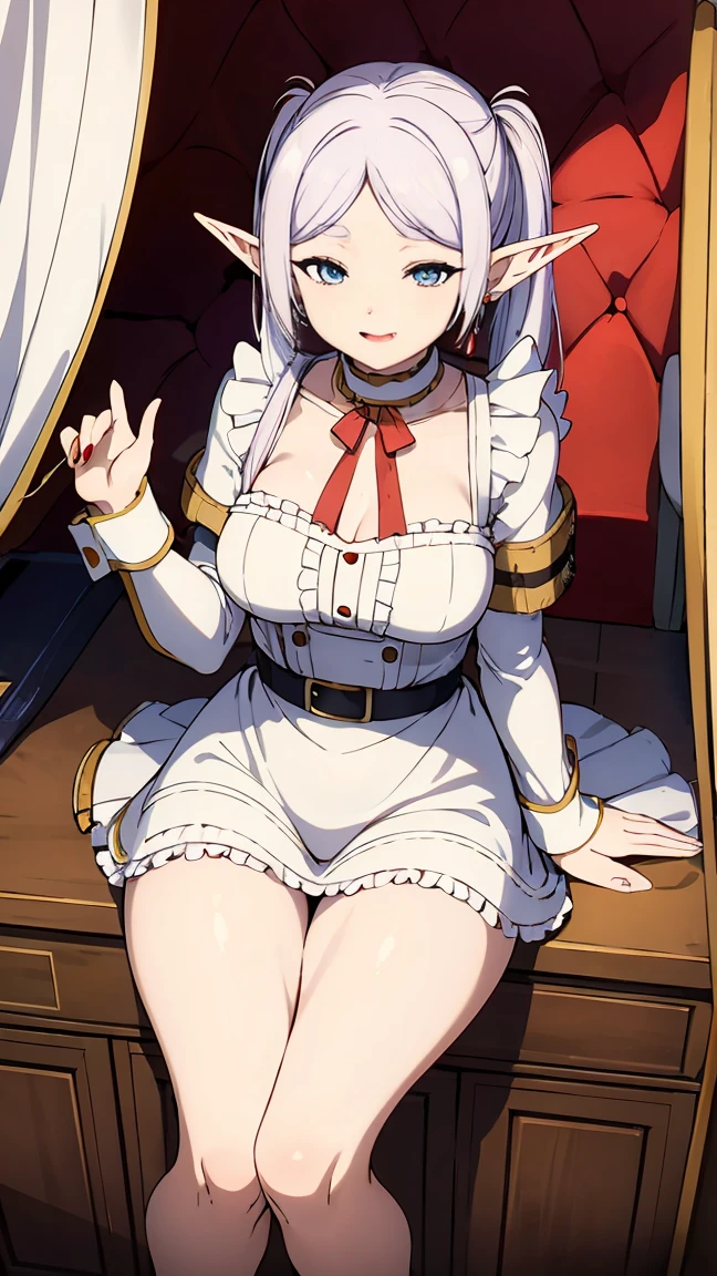 (Best quality, masterpiece),sexy,  Erotic, 18+, NFV, 1 girl, 30 years, deafening, Cute, smile, hourglass figure, maid costume, Beautiful food, , Long white hair, two ponytails,blue detailed sparkling eyes, elf ears