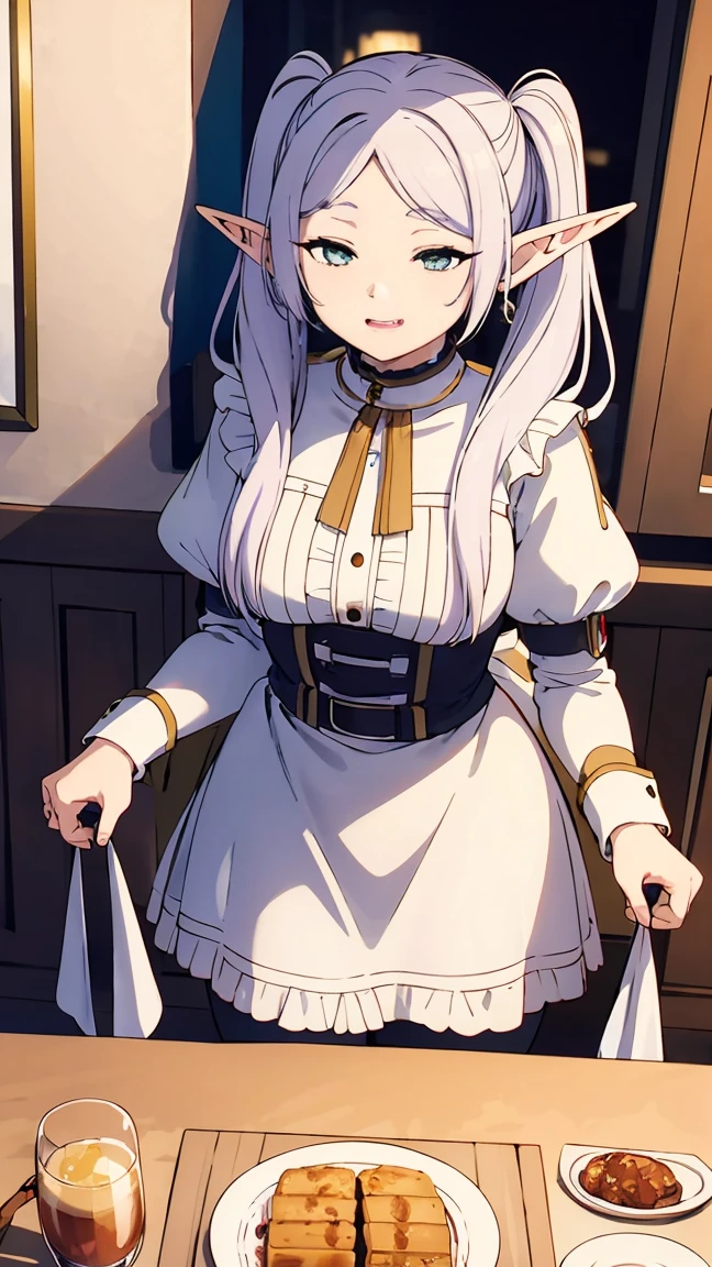 (Best quality, masterpiece),sexy,  Erotic, 18+, NFV, 1 girl, 30 years, deafening, Cute, smile, hourglass figure, maid costume, Beautiful food, , Long white hair, two ponytails,blue detailed sparkling eyes, elf ears