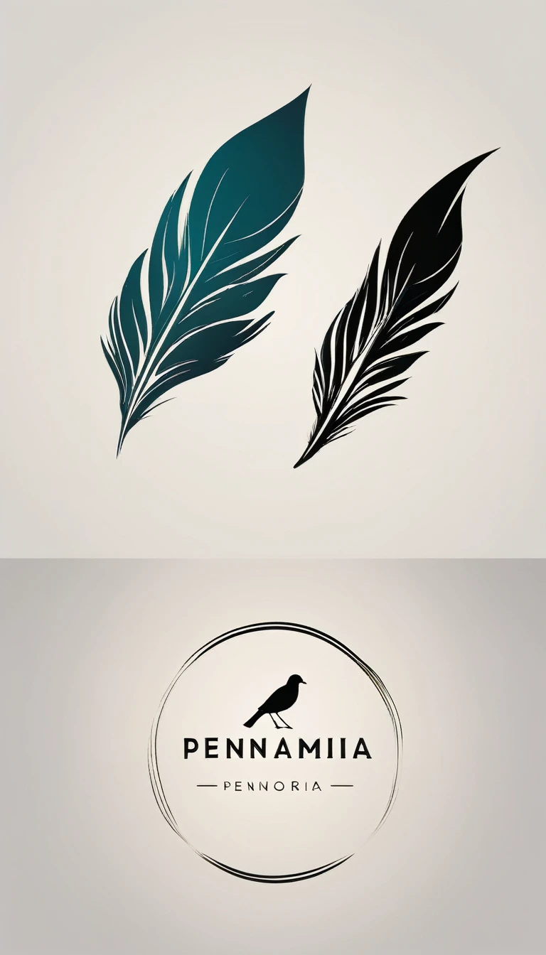 A minimal, modern, simple, cinematic logo design for the brand “Penamemoria". Create a modern, minimalistic, high-quality, logo of a bird feather
