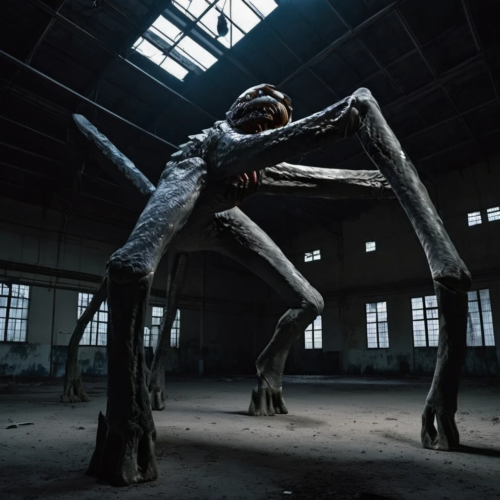 At night, shot by oldsiemens, abandoned warehouse, wide-angle camera, a monster composed of residual limbs, inspired by the classic horror movie The Thing, extremely frightening, disgusting and disturbing