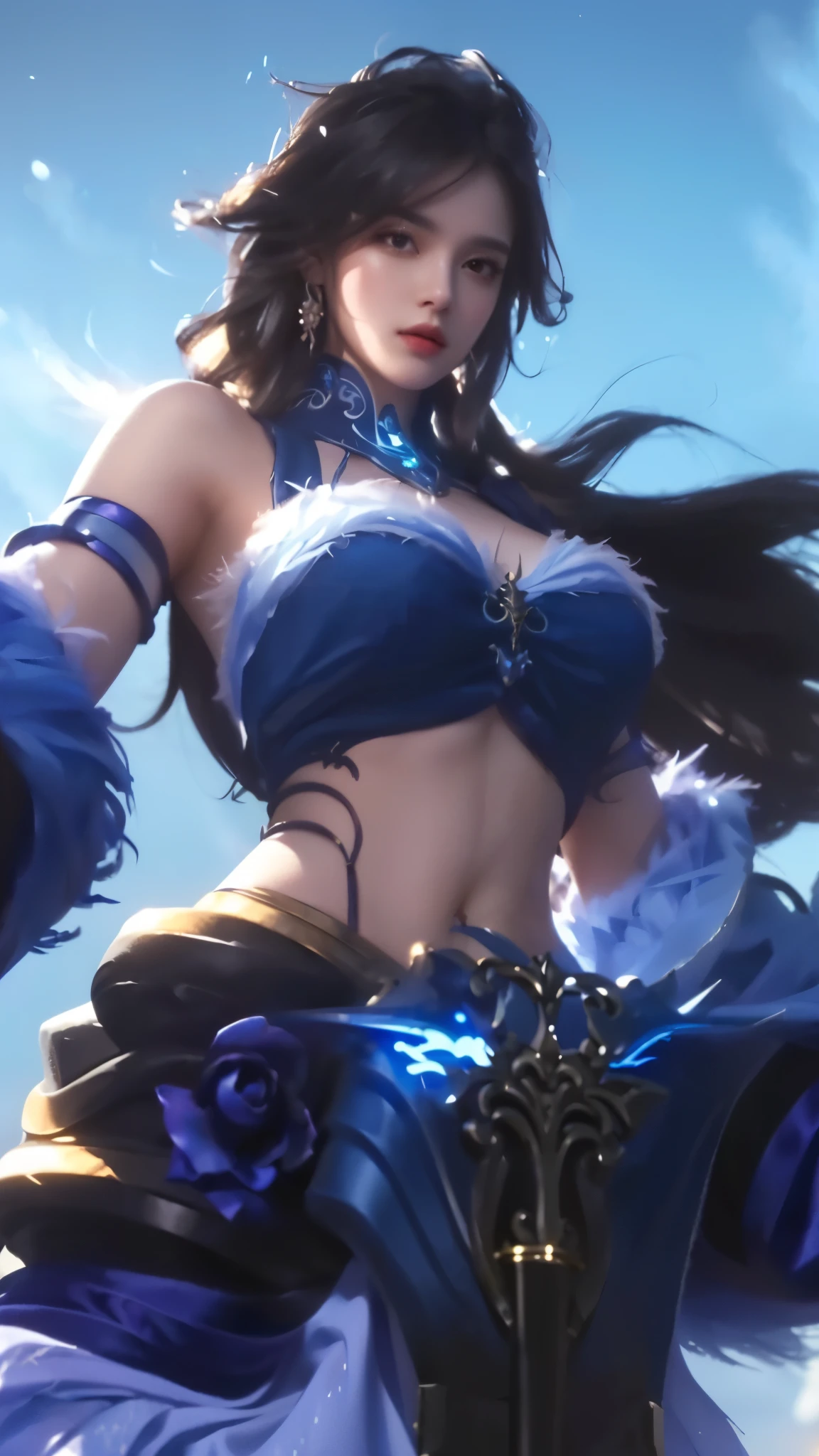 a close up of a woman in a beautiful blue dress, holding a glowing magical sword, intricate detailed face, piercing eyes, lush flowing hair, detailed ornate jewelry, dramatic lighting, fantasy, digital painting, highly detailed, cinematic, masterpiece, 8k, photorealistic