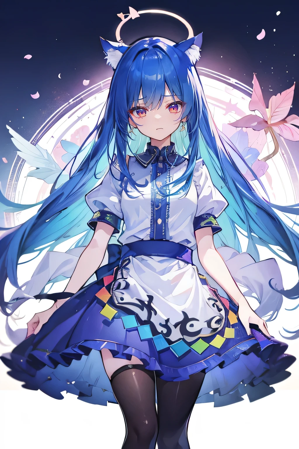 (masterpiece:1.2),Super detailed,lifelike,Expressive eyes,fair skin,perfect face shape,1 girl,
Japanese comics,Gorgeous blue hair,flowing blue hair,flowing clothes,Cat ears,Petals fall,beautiful lola,Baby Angel,
,Cross your legs,Gentle and peaceful background,The pavilion is cool and comfortable, ((masterpiece:1.4,最high quality)),(Super detailed),Official Art,Unity 8k Wallpaper,Super detailed,Beautiful appearance,high quality,Cute,masterpiece,最high quality,(flat chest),Human body,a character portrait,Standing,long suspender skirt,Yuri,(Black tights),There is a halo on the head